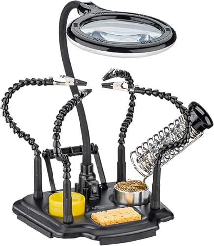 goobay Löthilfe mit 4 flexiblen Schwanenhals Armen und Krokodilklemmen, LED Lupe mit USB-C, Dritte Hand, Für Löt und Bastelarbeiten, Lötkolbenhalterung - mit Lötzinnhalter, Lötschwamm, Lötharz - 76558 von goobay