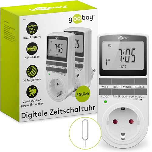 goobay - Zeitschaltuhr 2er Set digital mit 16 Programmen - Zeitschaltuhr Steckdose mit Zufallsmodus zum Einbruchschutz - Timer Steckdose inkl. 100 Tage Back-up Akku - 3680W - 230V (AC) - 16A - 74215 von goobay