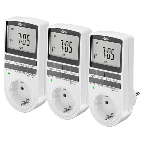 goobay - Zeitschaltuhr 3er Set digital mit 16 Programmen - Zeitschaltuhr Steckdose mit Zufallsmodus zum Einbruchschutz - Timer Steckdose inkl. 100 Tage Back-up Akku - 3680W - 230V (AC) - 16A - 74216 von goobay