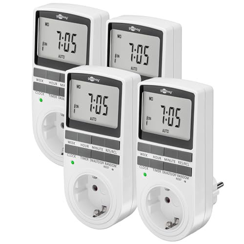 goobay - Zeitschaltuhr 4er Set digital mit 16 Programmen - Zeitschaltuhr Steckdose mit Zufallsmodus zum Einbruchschutz - Timer Steckdose inkl. 100 Tage Back-up Akku - 3680W - 230V (AC) - 16A - 74217 von goobay