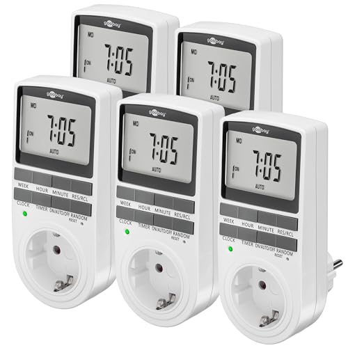 goobay - Zeitschaltuhr 5er Set digital mit 16 Programmen - Zeitschaltuhr Steckdose mit Zufallsmodus zum Einbruchschutz - Timer Steckdose inkl. 100 Tage Back-up Akku - 3680W - 230V (AC) - 16A - 74218 von goobay