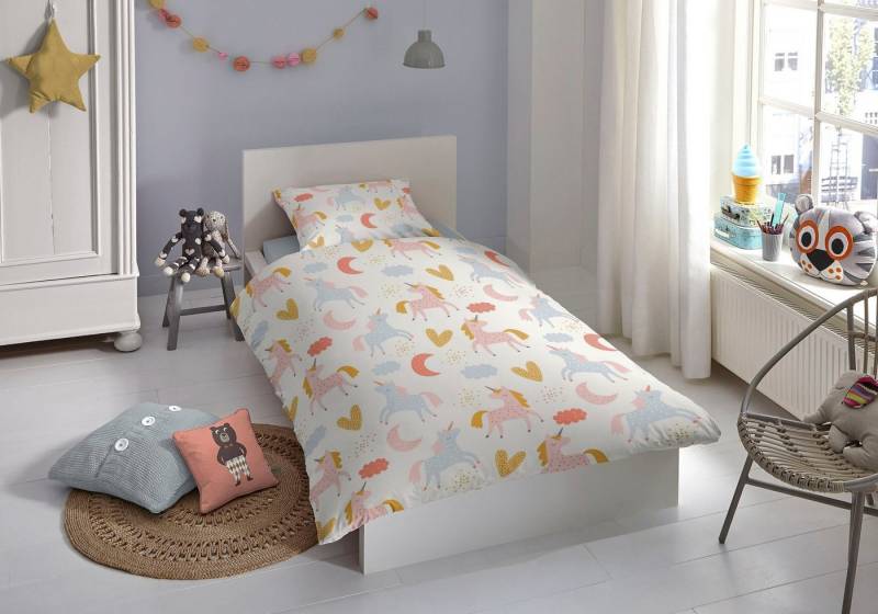 good morning Babybettwäsche Unilove, Renforcé, 2 teilig, Baumwolle, 100x135, Reißverschluss, Baby, Mädchen, Einhorn, Herze von good morning