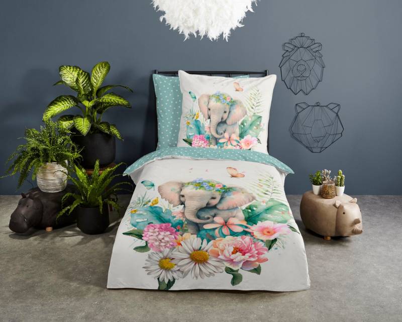 good morning Kinderbettwäsche Eli, Renforcé, 2 teilig, Baumwolle, 135x200, Reißverschluss, Wendeoptik, Kind, Mädchen, Elefant von good morning