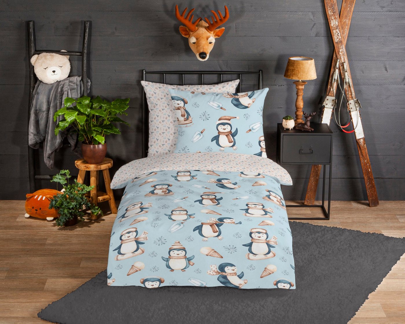good morning Kinderbettwäsche Jani, Biber, Flanell, 2 teilig, Biber, 135x200, Warm, Weich, Wende, Reißverschluss, Kind, Winter, Blau von good morning