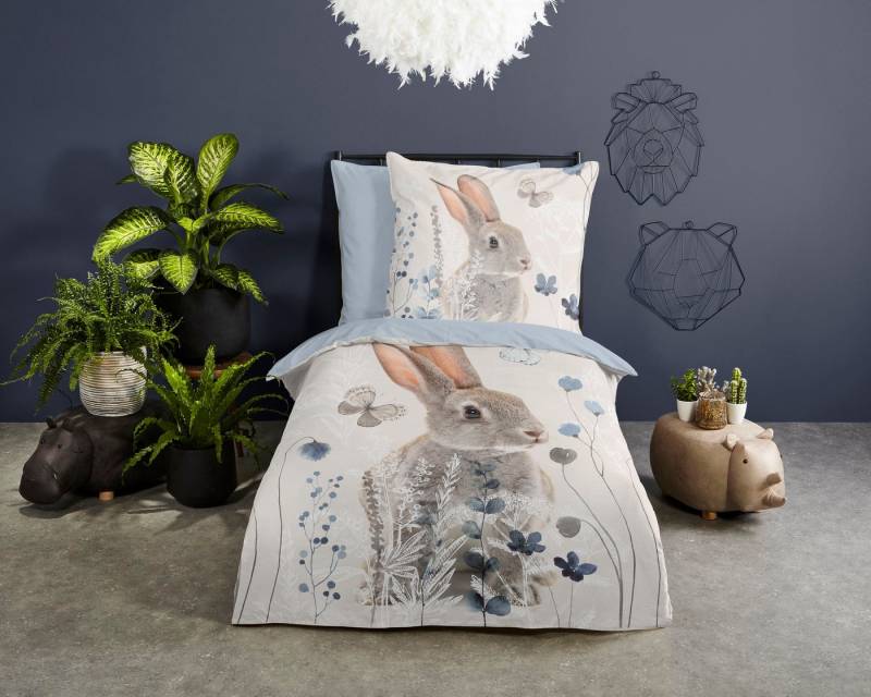 good morning Kinderbettwäsche Ravi, Renforcé, 2 teilig, 100% Baumwolle, 135x200, Reißverschluss, Wendeoptik, Kind, Kaninchen von good morning