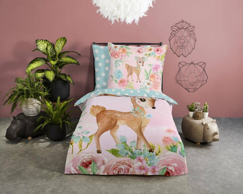 good morning Kinderbettwäsche Sweet2, Renforcé, 2 teilig, Baumwolle, 135x200, Reißverschluss, Wende, Kind, Mädchen, Hirsch, Rosa von good morning