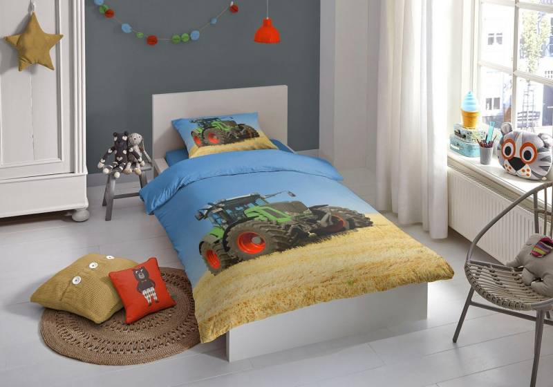 good morning Kinderbettwäsche Tractor, Renforcé, 2 teilig, Baumwolle, 135x200, Reißverschluss, Wendeoptik, Kind, Junge, Traktor von good morning
