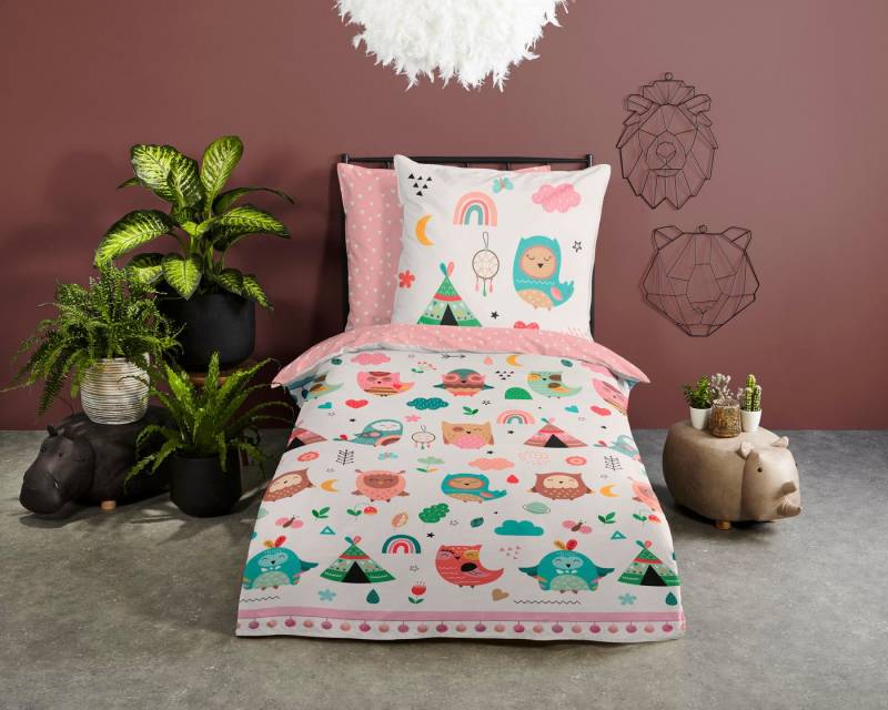 good morning Kinderbettwäsche Wise, Renforcé, 2 teilig, Baumwolle, 135x200, Reißverschluss, Wende, Kind, Mädchen, Eule, Rosa von good morning