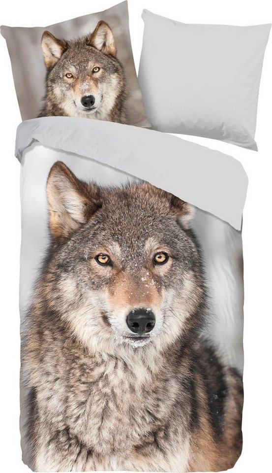 Wendebettwäsche Wolf Bettwäsche-Set Bettbezug & Kissenbezüge, good morning, Flanell, 2 teilig, mit Tierprint von good morning