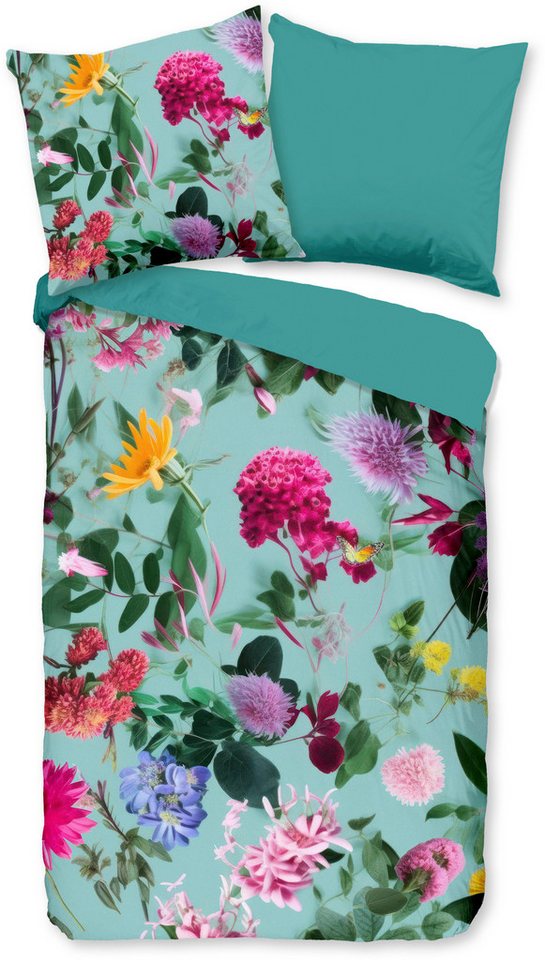 good morning Wendebettwäsche Imma, Renforcé, 2 teilig, 100% Baumwolle, Renforcé, Reißverschluss, Wendeoptik, Blumen, Aqua von good morning