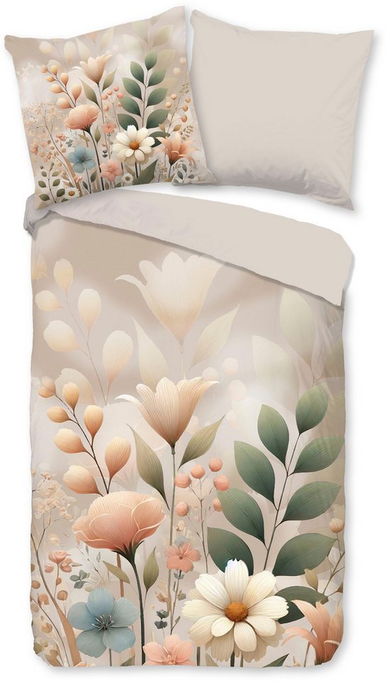 good morning Wendebettwäsche Ingrid, Renforcé, 2 teilig, 100% Baumwolle, Renforcé, Reißverschluss, Wendeoptik, Blumen, sand von good morning