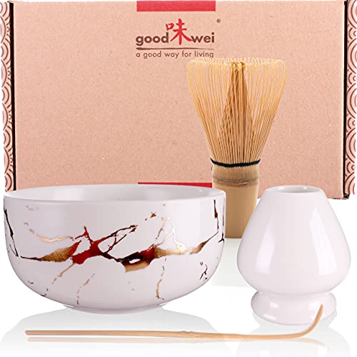 Goodwei Matcha Set mit Besen, Besenhalter und Teeschale für japanische Teezeremonie - Marmor Design (Weiß, 120) von Goodwei