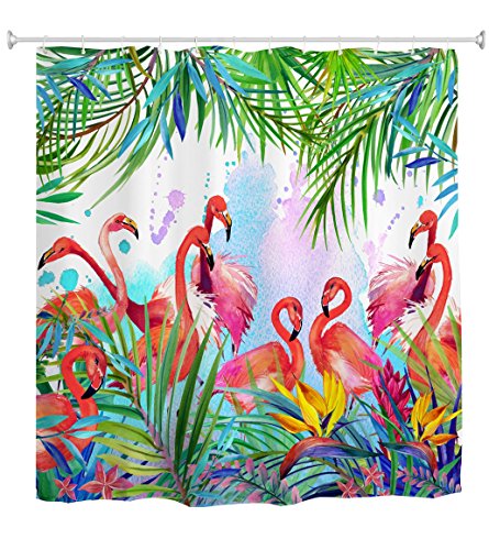 goodbath Duschvorhang Flamingo, Flamingos mit tropischem Blätter- und Blumenmuster Wasserdichter und schimmelabweisender Stoff Duschvorhang, 180 x 180cm, Pink Green von goodbath