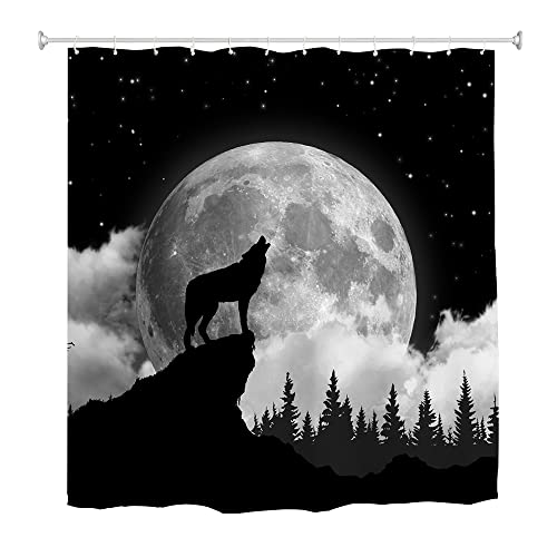 goodbath Amimal Duschvorhang mit Wolf-Motiv, Heulender Mond, Nacht, Wald, Stoff, Badvorhänge für Badezimmer, 180 x 180 cm, Schwarz/Weiß von goodbath