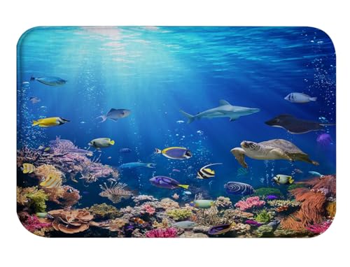goodbath Badematte aus Memory-Schaum, rutschfest, Unterwasser-Ozeanwelt, super saugfähig, 60 x 40 cm, Blau von goodbath