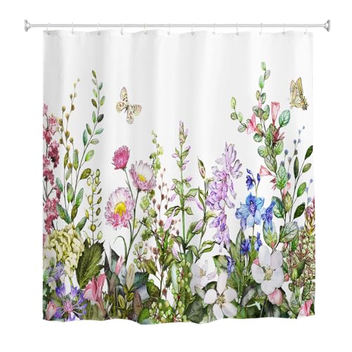 goodbath Blumen-Duschvorhang, Blumen, Pflanzen, Kräuter, grüne Blätter, wasserdicht, Anti-Schimmel-Stoff, Badezimmer (rosa, weiß, 180 x 200 cm) von goodbath