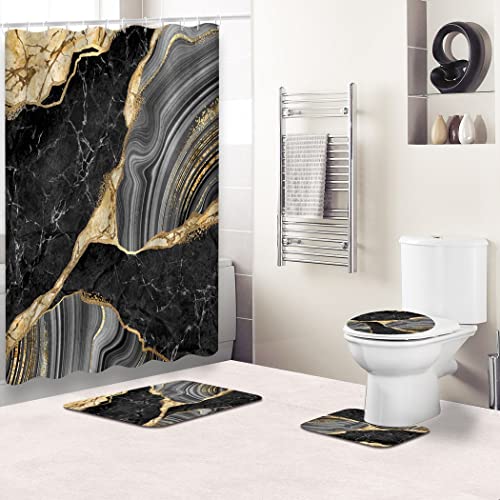 goodbath Marmor Duschvorhang Set, Luxus Abstrakt Schwarz Marmor Achat Mosaik Golden Venen Badezimmer Sets mit Duschvorhang und Teppichen, Toilettendeckel Teppich, Konturmatte und Badematte, 12 Haken von goodbath