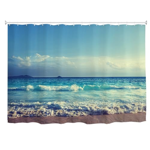 goodbath Ocean Beach Duschvorhang, extra breit, Meereswellen-Design, blauer Himmel, wasserdicht, schimmelresistent, Stoff, Badezimmervorhänge, 240 x 200 cm, Blau Weiß Braun von goodbath