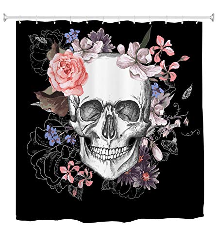 goodbath Surgar Skull Badezimmer Duschvorhang, Blumen Rose Skelett Halloween Duschvorhänge Set 12 Haken Wasserdicht Badevorhang 180x180cm von goodbath