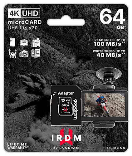 Goodram - IRDM microSD Karte UHS-I U3 mit Adapter - 64 GB, bis zu 100 MB/s, V30, 4K geeignet - stoßfest & wasserdicht - Extreme Zuverlässigkeit, Video Speed Class V30, Qualitätskomponenten Goodram - IRDM microSD Karte UHS-I U3 mit Adapter - 64 GB, bis zu 100 MB/s, V30, 4K geeignet - stoßfest & wasserdicht - Extreme Zuverlässigkeit, Video Speed Class V30, Qualitätskomponenten von GoodRam