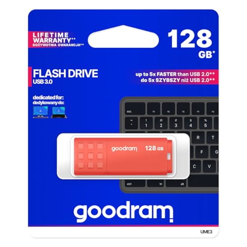 goodram USB-Speicherstick mit 128GB UME3 - USB 3.0 DatenSpeicherung Pen Drive - Lesegeschwindigkeit bis zu 60 MBs - Memory Stick - USB Flash Laufwerk mit Kunststoffgehäuse - Orange von GoodRam