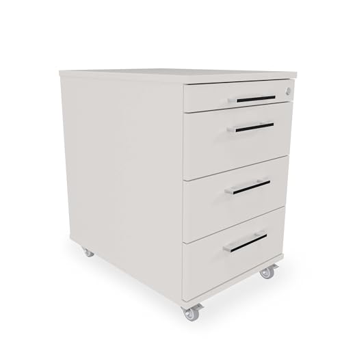 Rollcontainer 3 Schubladen + Materialauszug H 65 x B 43 x T 60 cm | Bürocontainer aus Holzwerkstoff in Lichtgrau | Schreibtischwagen abschließbar | Schubladenschrank aus hauseigener Fertigung von goodsforbusiness GmbH