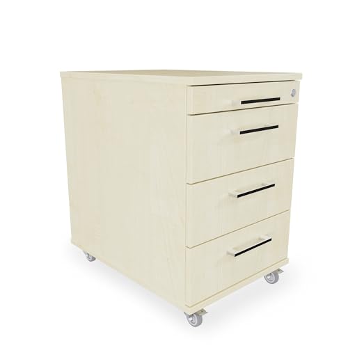 Rollcontainer 3 Schubladen + Materialauszug H 65 x B 43 x T 60 cm, Bürocontainer Holzwerkstoff Farbe Ahorn, Schreibtischwagen abschließbar, Schubladenschrank aus eigener Fertigung von Aigentlich