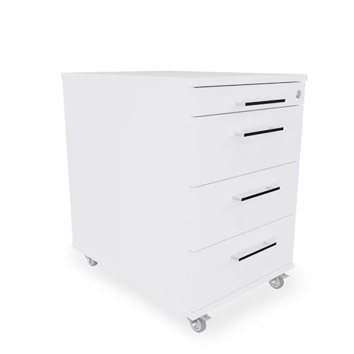 Rollcontainer 3 Schubladen + Materialauszug H 65 x B 43 x T 60 cm | Bürocontainer in Weiß | Schreibtischwagen abschließbar | Schubladenschrank für Schreibtisch aus eigener Fertigung von goodsforbusiness GmbH