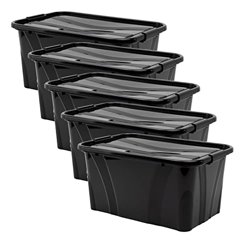 Aufbewahrungsbox + Deckel 5er Set versch. Größen Transportbox schwarz | Lebensmittelbox lebensmittelgeeignet Kunststoffbehälter Lagerbox stapelbar Wäschebox (L38,5 x B25,5 x H18,5cm, 14 l) von goodsforbusiness