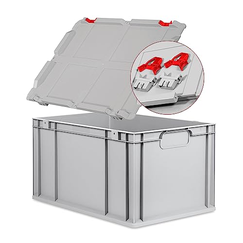 Eurobox NextGen Economy, Griffe geschlossen mit Scharnierdeckel 60x40x32cm grau Kunststoffbox 65 Liter stapelbar Transportbehälter lebensmittelecht, Farbe Deckel-Scharniere wählbar (Rot) von goodsforbusiness