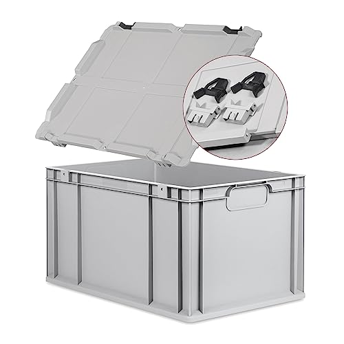 Eurobox NextGen Economy, Griffe geschlossen mit Scharnierdeckel 60x40x32cm grau Kunststoffbox 65 Liter stapelbar Transportbehälter lebensmittelecht, Farbe Deckel-Scharniere wählbar (Schwarz) von goodsforbusiness