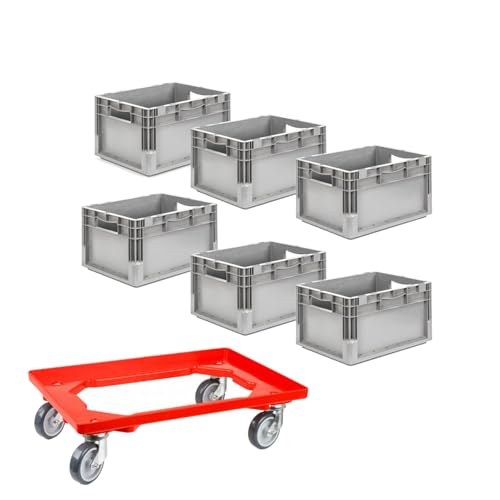 SSI Schäfer EuroBox ELB 4220 grau 40x30x22 cm, 20,4 L - gebraucht 6er Set inkl. neuem Rollwagen, Transportroller belastbar bis 300 kg, Kunststoffbehälter stapelbar, robuste Aufbewahrungsbox von goodsforbusiness