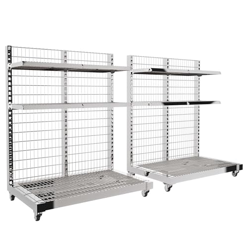 Verkaufsregal Metallgitter Chrom auf Rollen inkl. Böden, 2er Set Warenständer, Blumenregal H158xB131xT86 cm, Gondel Achsmaß 63cm (127 cm), stabiles Getränkekistenregal Traglast 300 kg von goodsforbusiness