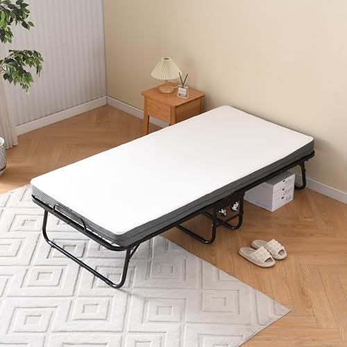 gopop Gästebett Klappbett 90x190 mit 10cm Memory Matratze, faltbares Bett mit Rollen, Metallrahmen für Erwachsene, orthopädisch, tragbar für Gästezimmer Camping Büro, 150kg Belastbar von gopop