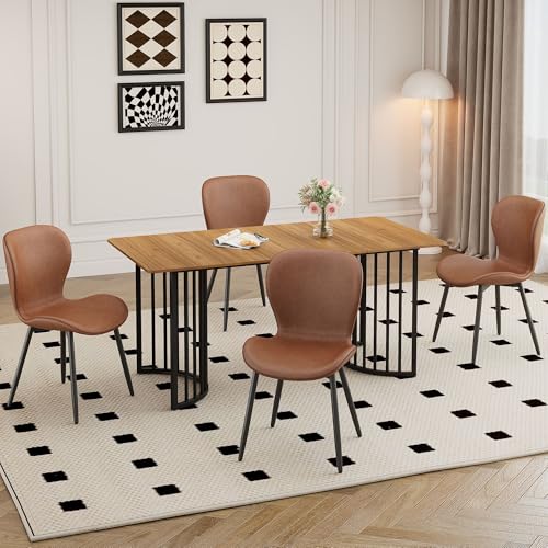 gopop Esstisch Set 140x80 cm im Industrie Design mit Holzmaserung, Esszimmertisch mit robuster MDF-Tischplatte & geschwungenem Metallgestell, 4 PU-Leder Stühle in Grau & Braun von gopop