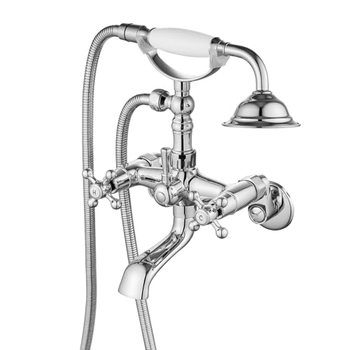 Badewannenkrallenfuß Wanne Wandbefestigung Krallenfuß Wanne Dusche Wasserhahn Messing poliert Chrom Silber Dusche Wasserhahn mit Handbrause Wandhalter 2 Doppelgriff Duscharmaturen System Telefonform von gotonovo