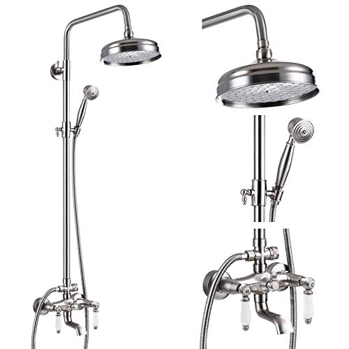 Duscharmatur-Set Gebürstet Nikcel 8 Zoll Duschkopfhalterung mit Handbrause Doppelhebelgriff Wannenauslauf Dreifachfunktion Badezimmer Wandhalterung von gotonovo