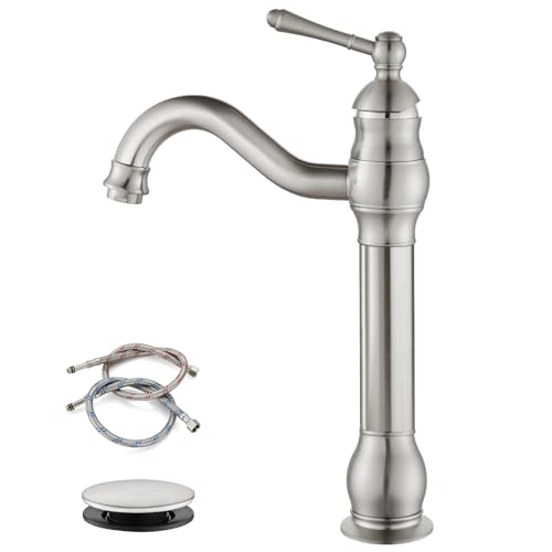 Gebürstetes Nickel Badezimmer Gefäß Waschbecken Wasserhahn mit Pop Up Ablauf Einhebel Griff 1 Loch Schüssel Waschbecken Mischbatterie Hoher Auslauf WC Waschtisch von gotonovo