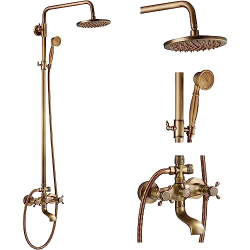 gotonovo Antikes Messing Badezimmer Duscharmatur 20,3 cm Regenduschkopf Sets Vintage 2 Kreuzknöpfe Wandmontage Mischbatterie Badezimmer Dusche Combo Set Einstellbare Handbrause Spray Dreifach Funktion von gotonovo