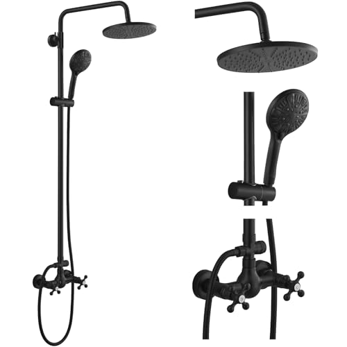 gotonovo Freiliegende Dusche Wasserhahn System 8 Zoll Regen Duschkopf mit 8 Funktionen ABS Handheld und Doppel Kreuz Griff Wandmontage Badezimmer Luxus Mixer Dusche Kürbis Wasserhahn Körper Matt von gotonovo