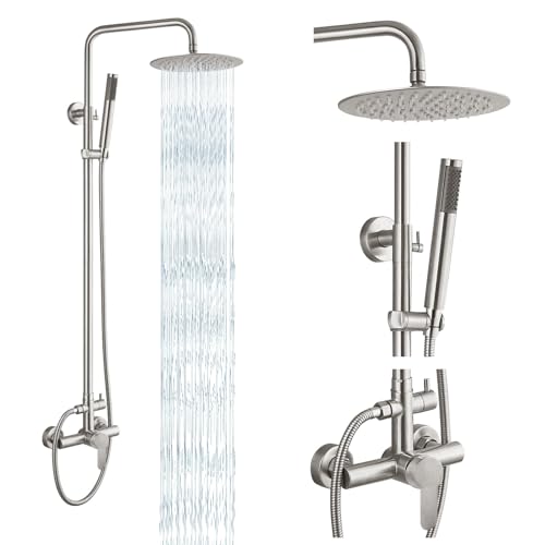 gotonovo Outdoor-Duscharmatur SUS304 Duschbefestigungssystem Kombi-Set Regenduschkopf Einzelgriff Hochdruck Handbrause Wandhalterung 2 Funktionen Gebürstetes Nickel 8 Zoll Regenduschkopf Kit von gotonovo