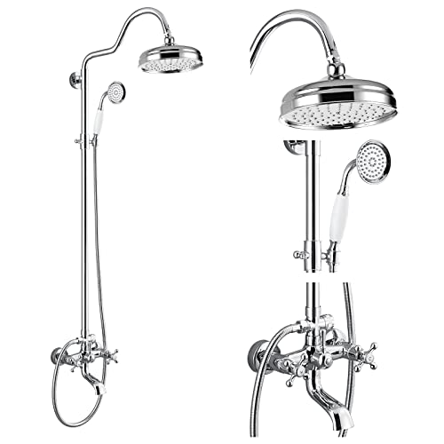gotonovo Freiliegendes Badezimmer-Duschsystem, Vintage-Duscharmatur, 20,3 cm, Regenduschkopf, Handbrause-Wannenfüller, Messingrohr, 3-Funktions-Wandhalterung, doppelte Kreuzknöpfe, poliertes Chrom von gotonovo
