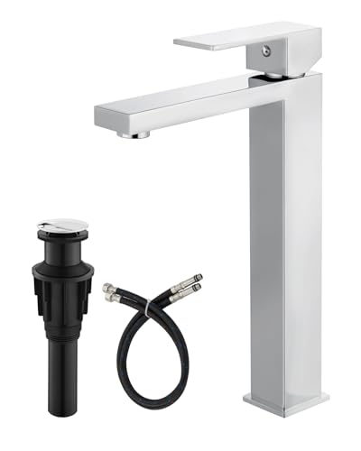 gotonovo Waschbeckenarmatur, Einhandgriff, hoher Badezimmer-Wasserhahn, ein Loch, moderne Waschtischmischbatterie, passende Versorgungsschläuche und Pop-Up-Ablaufgarnitur ohne Überlauf, poliertes von gotonovo