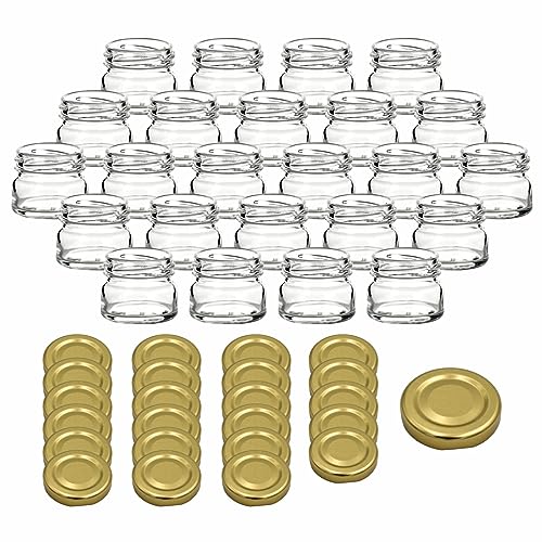 gouveo 24er Set Einmachgläser 30 ml Mini mit Schraub-Deckel goldfarben - Mini Vorratsgläser mit Drehverschluss TO43 - Marmeladengläser, Einkochgläser, Gewürzgläser, Einweckgläser von gouveo