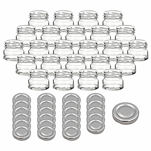 gouveo 24er Set Einmachgläser 30 ml Mini mit Schraubdeckel silberfarben - Mini Vorratsgläser mit Drehverschluss TO43 - Runde Gläschen zum Einwecken, für Marmelade, Gewürze (EGR030S) von gouveo