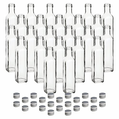 gouveo 24er Set Flasche 250 ml Maraska mit Schraubverschluss silberfarben - Leere Glasflasche zum Befüllen und Verschenken - Eckige Flasche für Likör, Schnaps, Essig, Öl (MFET250S) gouveo 24er Set Flasche 250 ml Maraska mit Schraubverschluss silberfarben - Leere Glasflasche zum Befüllen und Verschenken - Eckige Flasche für Likör, Schnaps, Essig, Öl (MFET250S) von gouveo