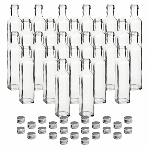 gouveo 24er Set Glasflasche 250 ml Maraska mit Schraubverschluss silberfarben - Leere Flasche 0,25 l zum Befüllen und Verschenken - Likörflasche, Schnapsflasche, Essigflasche, Ölflasche von gouveo