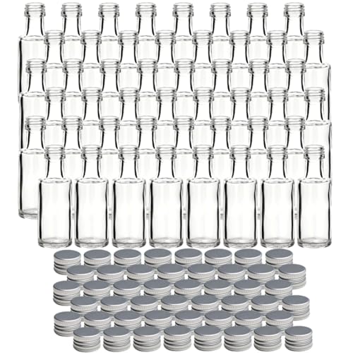 gouveo 30er Set Glasflaschen 20 ml Dorica mit Schraubverschluss silberfarben - Mini Flasche 0,02 l zum Befüllen - Glasfläschchen für Likör, Schnaps, Öl oder zum Basteln von gouveo