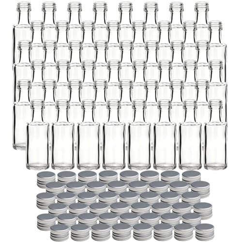 gouveo 48er Set Glasflaschen 20 ml Dorica mit Schraubverschluss silberfarben - Mini Flasche 0,02 l zum Befüllen - Glasfläschchen für Likör, Schnaps, Öl oder zum Basteln (DFT020S) von gouveo