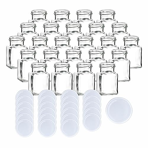 gouveo 24er Set Einmachgläser 150 ml eckig mit Schraub-Deckel weiss - Kleine Vorratsgläser mit Schraubverschluss - Leere Gewürzgläser, Marmeladengläser, Einkochgläser, Einweckgläser von gouveo